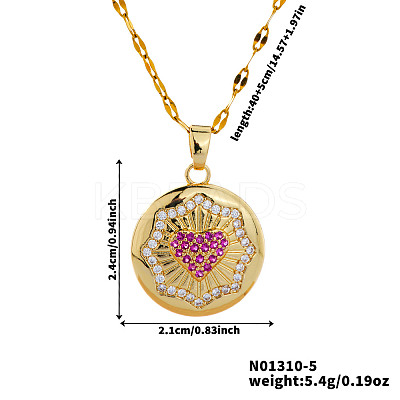Elegant Fashion Brass Clear & Hot Pink Cubic Zirconia Circle Heart Pendant Necklaces for Women RR6975-1-1