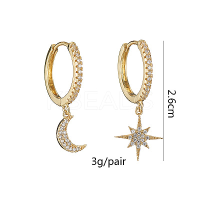 Clear Cubic Zirconia Star & Moon Asymmetrical Earrings LS-MOST-PW0001-064G-1