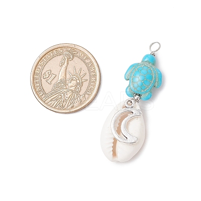 5Pcs 5 Styles Natural Cowrie Shell & Dyed Synthetic Turquoise Turtle Copper Wire Wrapped Pendants PALLOY-JF04034-02-1