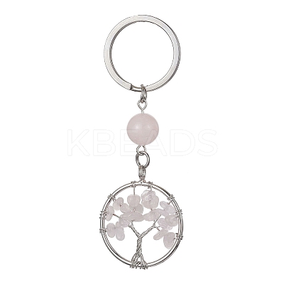 Natural Rose Quartz Chips Flat Round with Tree of Life Kcychain KEYC-JKC00563-02-1