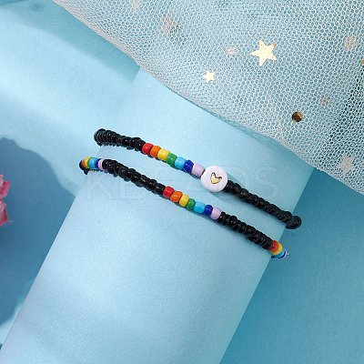 2Pcs 2 Styles Heart Glass Seed Beaded Stretch Bracelet Sets BJEW-JB10530-02-1