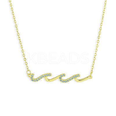 Brass Micro Pave Light Sky Blue Cubic Zirconia Wave Shaped Pendant Cable Chain Necklaces for Women NJEW-R005-01G-1