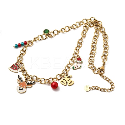 304 Stainless Steel Enamel & Plastic & Resin Deer Christmas Socking Bell Pendant Necklaces for Women NJEW-Z092-02G-1