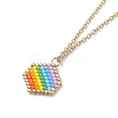 Rainbow Color Japanese Seed Braided Hexagon Pendant Necklace with 304 Stainless Steel Chains for Women NJEW-MZ00006-1
