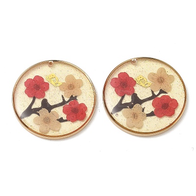Plating Brass & Transparent Epoxy Resin & Dried Flower Pendants RE-CBAA153-06A-1