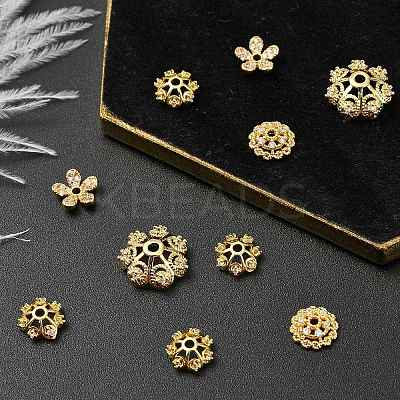 10Pcs 5 Styles Rack Plating Flower Brass Micro Pave Clear Cubic Zirconia Bead Caps KK-CJ0002-73-1