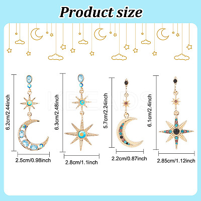 2 Sets 2 Styles Colorful Rhinestone Moon & Star Asymmetrical Earrings EJEW-FI0001-22-1