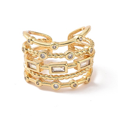 Clear Cubic Zirconia Rectangle Open Cuff Ring RJEW-P035-03G-1