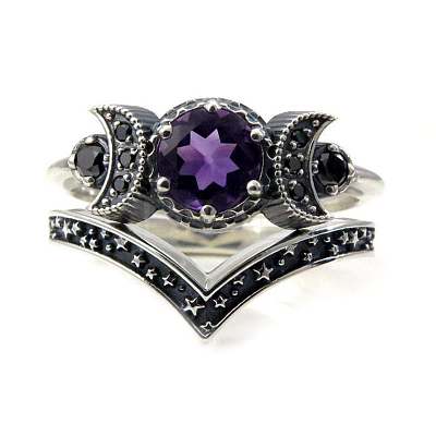 Gothic Purple Crystal Ring with Triple Moon Goddess - Black Diamond Jewelry for Women ST8475010-1