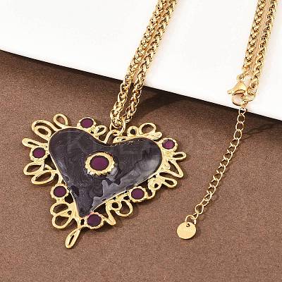 304 Stainless Steel Enamel Heart Pendant Wheat Chain Necklaces NJEW-P430-04B-G-1