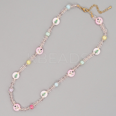 Christmas Theme Glass & Imitation Pearl & Brass Flat Round Beaded Necklaces LS-GF3195-12-1