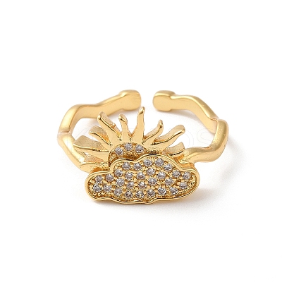Cloud with Sun Brass Micro Pave Cubic Zirconia Cuff Rings RJEW-P088-01G-1