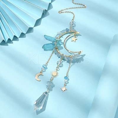 Natural Aquamarine Chips & Brass Moon Pendant Decorations HJEW-TA00066-04-1