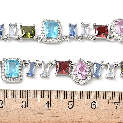 Brass Pave Colorful Cubic Zirconia Rectangle Square Teardrop Tennis Necklaces NJEW-G183-09P-1