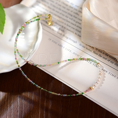 2MM Faceted Round Natural Green Tourmaline & Glass Pearl Beaded Necklaces for Women YX9478-1