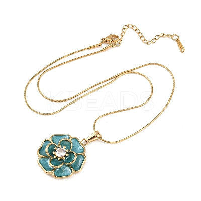 304 Stainless Steel Pave Clear Cubic Zirconia with Enamel Flower Pendant Necklaces NJEW-H088-02G-1