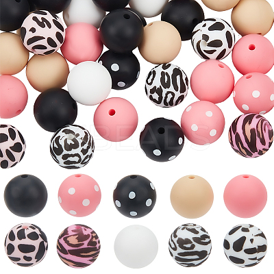 58Pcs 10 Styles Printed Round Silicone Focal Beads SIL-SC0002-06-1