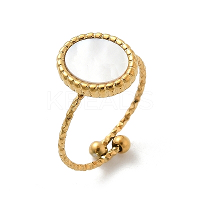 Oval 304 Stainless Steel White Shell Cuff Rings for Women RJEW-G346-07G-02-1