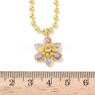 Brass Pave Pink and Clear Cubic Zirconia with Enamel Flower Pendant Ball Chain Necklaces NJEW-G183-04G-1