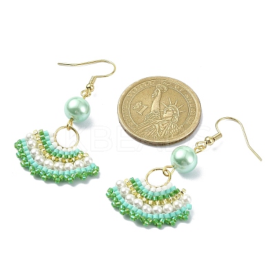 Glass Beaded Fan with Imitation Pearl Dangle Earrings EJEW-MZ00066-1