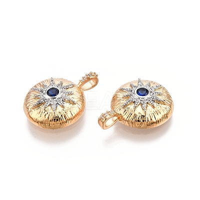 Flat Round with Star Brass Micro Pave Clear Cubic Zirconia Pendants KK-G436-17G-1