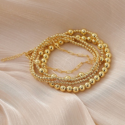 4Pcs 4 Styles Brass Round Beads Stretch Bracelets & Chain Bracelets for Women BJEW-D357-05G-1