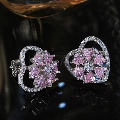 Rhodium Plated 925 Sterling Silver Rotating Heart Stud Earrings EJEW-L270-01P-1