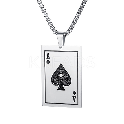 304 Stainless Steel Enamel Black Ace of Spades Playing Card Pendant Necklaces WG24A40-01-1
