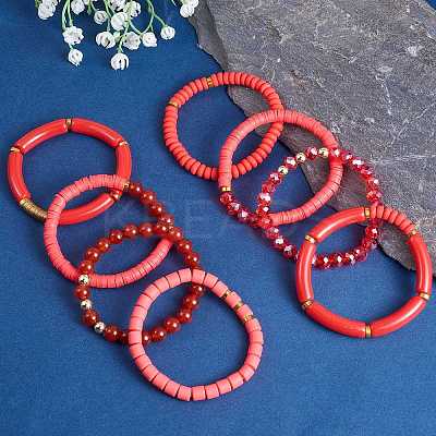 8Pcs 8 Style Natural Red Agate & Glass & Polymer Clay Heishi Surfer Stretch Bracelets Set BJEW-SW00083-1