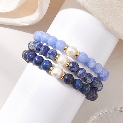 3Pcs Round Natural Blue Spot Jasper & Dyed Blue Lace Agate & Lapis Lazuli & Pearl Beaded Stackable Stretch Bracelets Sets BJEW-JB12992-1