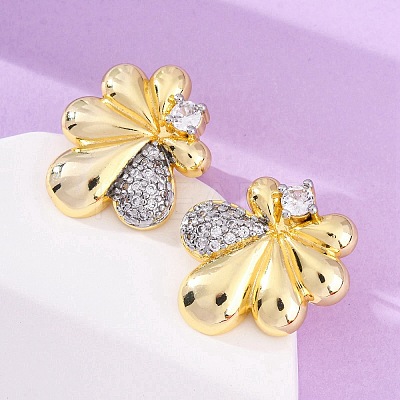 Flower Brass Micro Pave Clear Cubic Zirconia Stud Earrings EJEW-H158-12GP-1