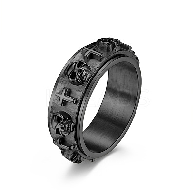 Stainless Steel Skull & Cross Rotatable Finger Ring SKUL-PW0002-015F-B-1