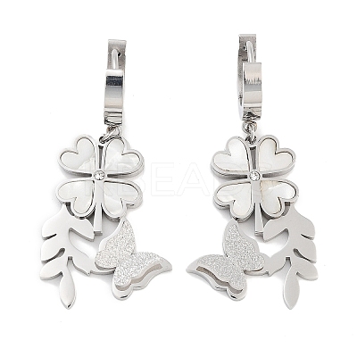 Left and Right Clover & Texture Butterfly 304 Stainless Steel Shell Dangle Earrings EJEW-L283-075P-1