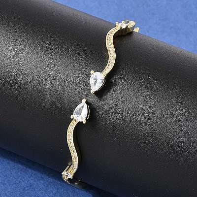 Brass Micro Pave Clear Cubic Zirconia Cuff Bangles for Women BJEW-H639-02G-1