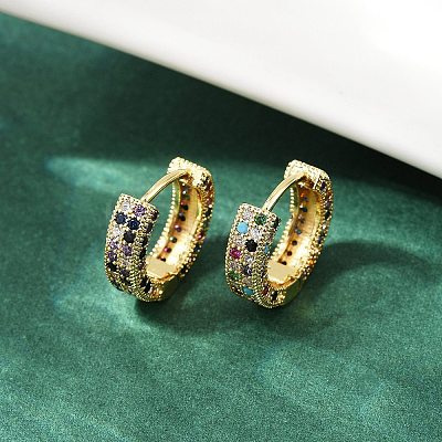 Brass Micro Pave Colorful Cubic Zirconia Hoop Earrings EJEW-S277-09G-B-1