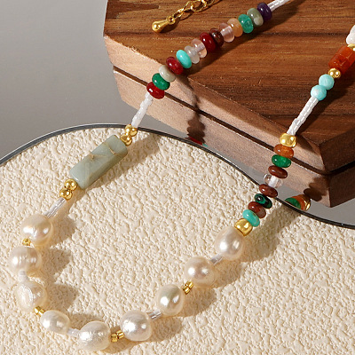 Potato Natural Freshwater Pearl & Rondelle Mixed Stone & Brass Beaded Necklaces for Women VY0852-1