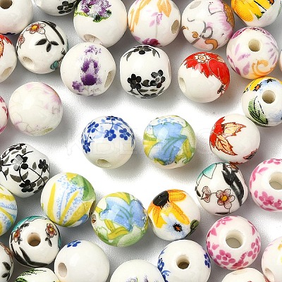 50Pcs 10 Colors Floral Printed Porcelain Beads PORC-YW0001-57-1