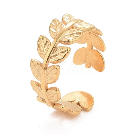 Ion Plating(IP) 304 Stainless Steel Leaf Wrap Open Cuff Ring for Women RJEW-C025-16G-1