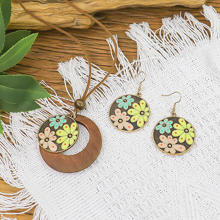 Bohemian Alloy Enamel & Wood Pendant Necklaces & Dangle Earrings Sets FS-WGC69E7-01-1