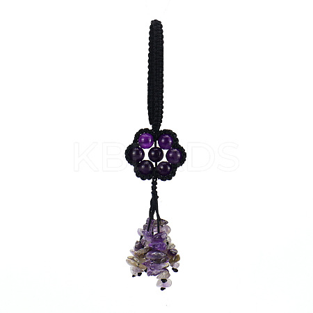 Flower Natural Amethyst Braided Thread Pendant Decorations HJEW-K046-04E-1