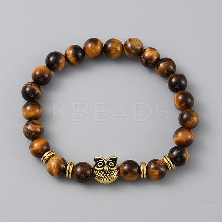 Natural Tiger Eye Round & Alloy Owl Beaded Stretch Bracelet for Women BJEW-WH0012-10A-1