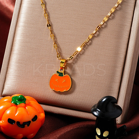 304 Stainless Steel Enamel Halloween Pumpkin Pendant Dapped Chain Necklaces DR6238-1