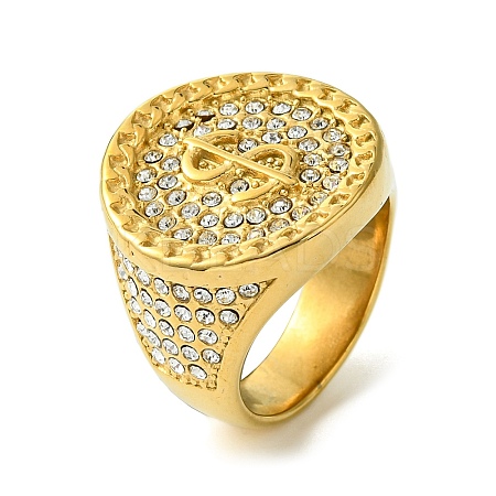 Flat Round with Dollar Sign 304 Stainless Steel Rhinestone Signet Rings RJEW-Q815-09G-1