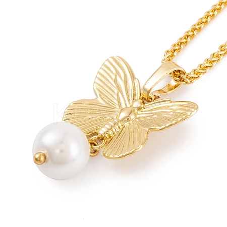 Butterfly Rack Plating Brass ABS Pearl Pendant Necklaces NJEW-S423-03G-1