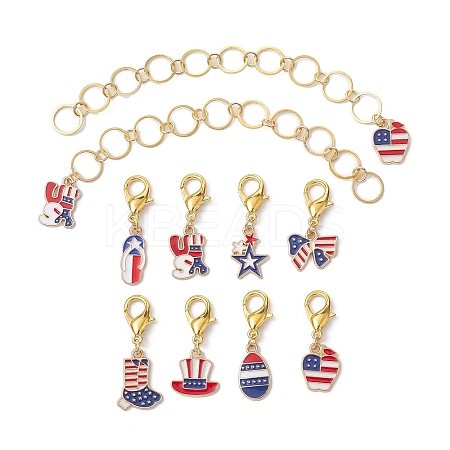 10Pcs USA Flag Element Apple/Star/Bowknot Alloy Enamel Knitting Row Counter Chains & Locking Stitch Markers Kits HJEW-JM01337-1