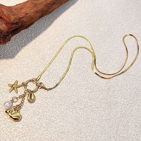 Beach 304 Stainless Steel Starfish Whale Pendant Necklaces NJEW-D337-01G-1