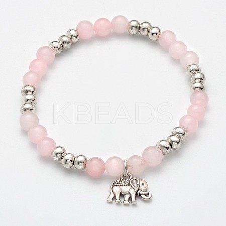 Natural Rose Quartz Beaded Elephant Charm Stretch Bracelets BJEW-JB01974-01-1
