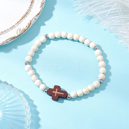Cross Synthetic Turquoise & Wood Round Beads Stretch Bracelets for Men Women BJEW-JB11832-02-1