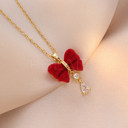 Christmas 304 Stainless Steel Rhinestone and Flocking Fabric Bowknot Pendant Necklaces for Women FS-WGD2A9A-02-1
