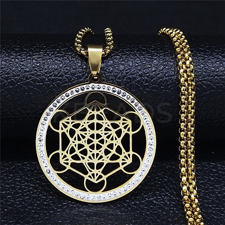 Crystal Rhinestone Flat Round with Hexgon Pendant Necklace with 201 Stainless Steel Box Chains NJEW-K253-11G-1
